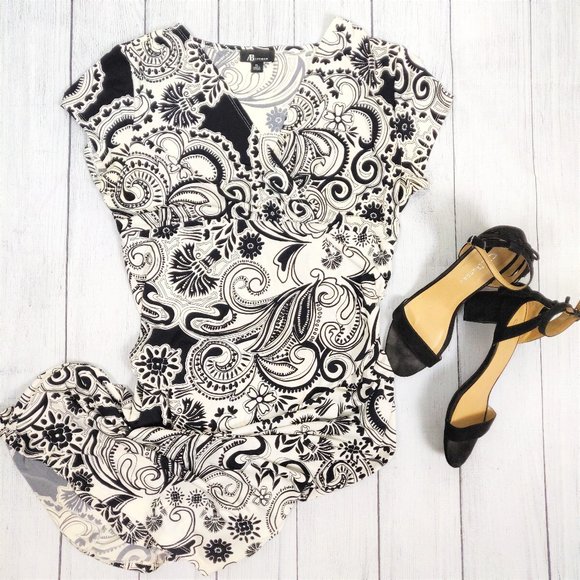 AB Studio Womens Faux Wrap Dress XL Blk White - Picture 1 of 9
